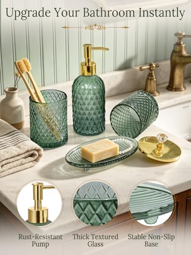 Haturi Glass Bathroom Accessories Set, Sage Green Bathroom Set, 4 Pcs