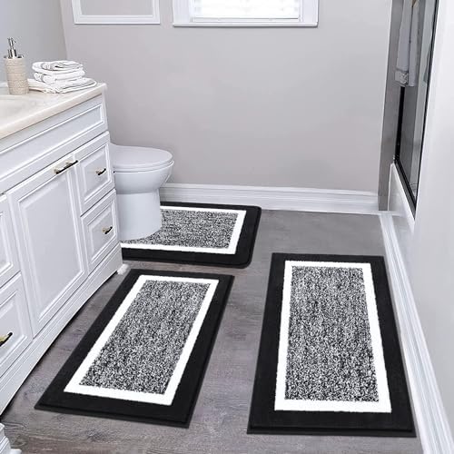 Pauwer 3 Piece Bathroom Rug Set, Non Slip Washable Bath Mat, Black