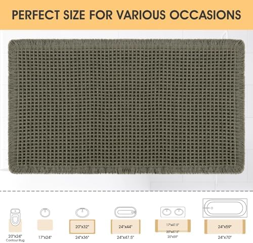 IM HOME Waffle Bath Mat Olive Green 24"x17", Boho Woven Modern Bath Mat Rugs, Absorbent Non Slip Bathroom Rugs, Soft Washable Bath Rugs with Tassels for Bathroom, Bedroom, Kitchen, Shower, Tub