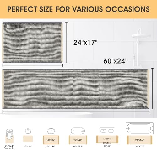 IM HOME Waffle Bath Mat Set 2 Piece Grey & Beige,Woven Modern Bath Rug Mats, Absorbent Non Slip Bath Floor Mat, Soft Washable Boho Bath Rugs with Tassels for Bathroom, Bedroom, Kitchen,Tub