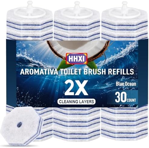 30Ct Aromative Toilet Brush Refills, Double-Layer Cleaning Pads Added, Compatible with Most Toilet Brushes， Blue Ocean（Patented）