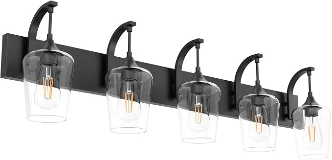 Ralbay Matte Black Bathroom Light Fixtures 5-Lights Industrial Black Vanity Lights Clear Glass Vintage Edison Matte Black Wall Mount Light Fixture for Bathroom