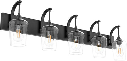 Ralbay Matte Black Bathroom Light Fixtures 5-Lights Industrial Black Vanity Lights Clear Glass Vintage Edison Matte Black Wall Mount Light Fixture for Bathroom