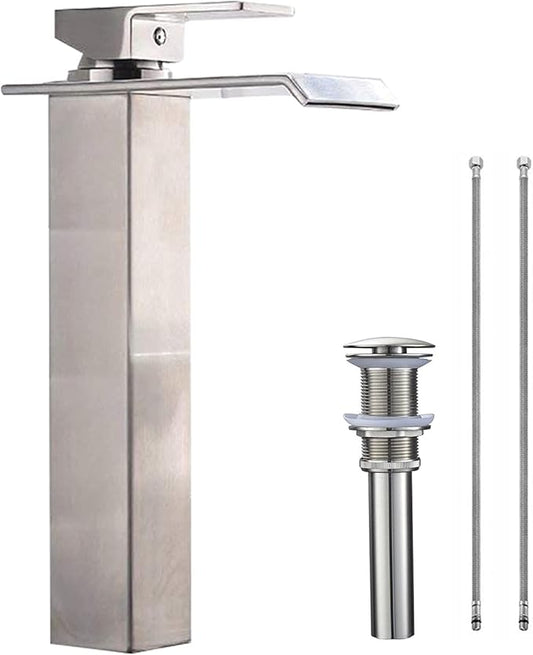 Bathroom Vessel Faucet Brushed Nickel One Hole Bowl of Sink Faucet Waterfall Tall Single Handle Bathroom Faucets with Drain Assembly Modern Vanity Lavatory Deck Mount Supply Lines Hose