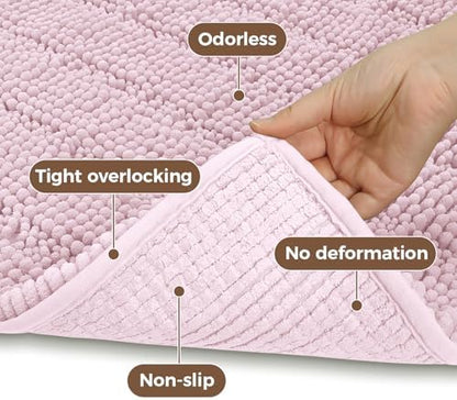 Bcoimo Bath Rug Mat,48x30 Chenille Non Slip Pink Long Bathroom Runner Rugs