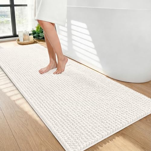 OLANLY Thick Chenille Bathroom Runner Rugs 47x24, Absorbent Bath Mat, Ivory