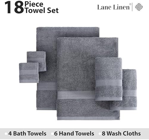 LANE LINEN Towel Set for Bathroom 18 Piece Soft Absorbent - Cool Grey
