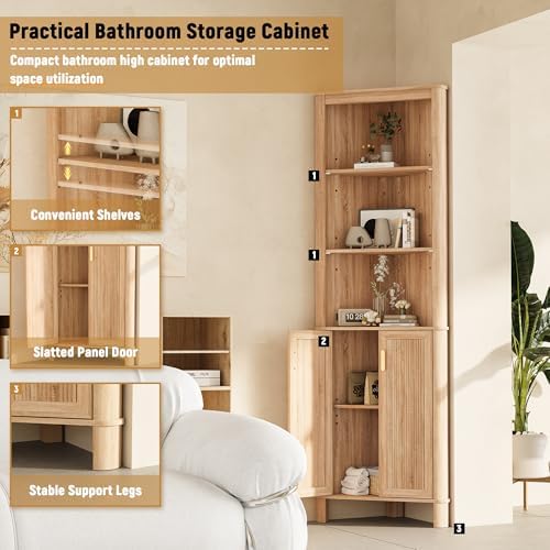 INNOD 69" Tall Corner Shelf with Doors, 6-Tier Corner Storage Cabinet with Doors, Space Saver Shelf for Bathroom, Bathroom Floor Cabinet for Living Room Kitchen, Hallway
