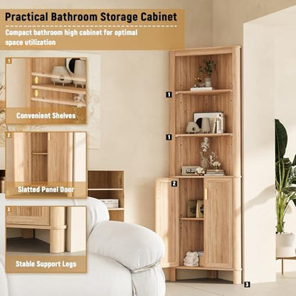 INNOD 69" Tall Corner Shelf with Doors, 6-Tier Corner Storage Cabinet with Doors, Space Saver Shelf for Bathroom, Bathroom Floor Cabinet for Living Room Kitchen, Hallway