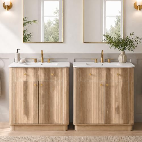 T4TREAM 60" Fluted Bathroom Vanity with 2 Single Sinks, Natural Oak