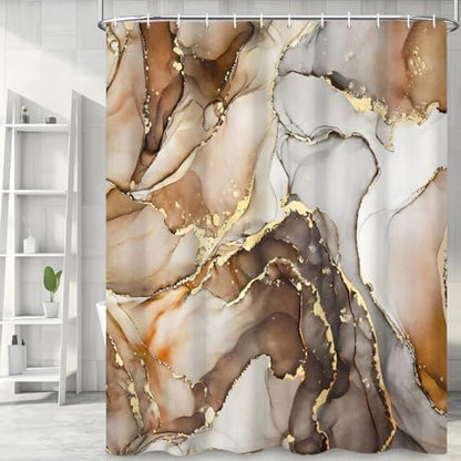 Brown Marble Shower Curtain, Modern Abstract Luxury Brown Gold Ink Texture Watercolor Art Bathroom Curtains Ombre Machine Washable Waterproof Fabric Bathtub Curtain Set with Hooks 66" Wx72 L