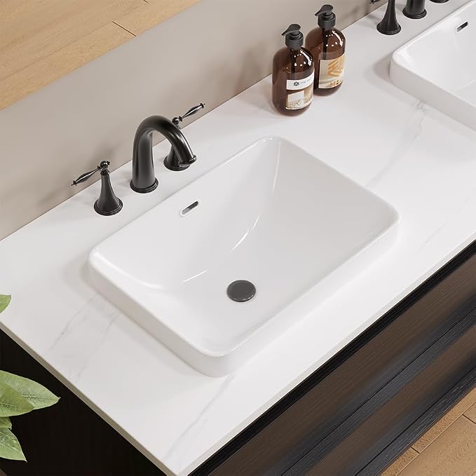 Bathroom Rectangle Vessel Sink 18" x 13" Rectangle Semi Recessed Sink White Drop in Square ceramic Sink with Overflow Modern Sinks Bowl Vanity Above Counter Basin