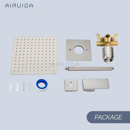 Airuida 10 Inch Brushed Nickel Shower Faucet Set,Rainfall Shower System | Ceiling Shower Head,Male Thread Rough-in Valve,Ceiling Mount,Single Handle