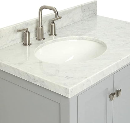 ARIEL Cambridge 36-inch Bathroom Vanity with Sink,Solid Wood, 1.5-inch Italian Carrara Marble Countertop & Backsplash, Single Oval Porcelain Sink, 2 Soft Closing Doors, 5 Dovetail Drawers, Grey