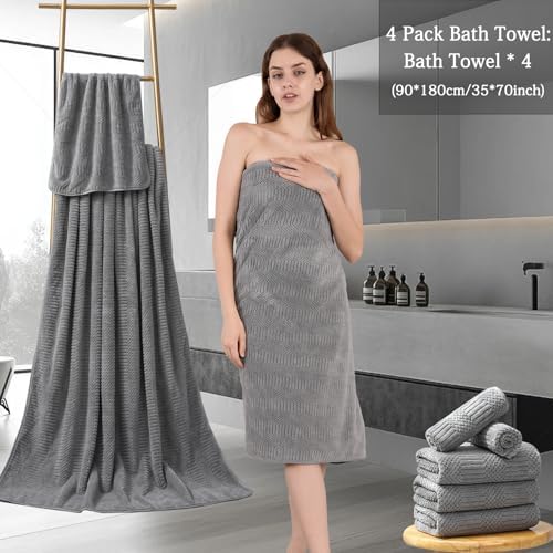 Ycosy 4 Pack Extra Large Microfiber Bath Towels Set,35x70 inches,600GSM,Less Lint Highly Absorbent Super Soft & Quick Dry,Oversized Bath Towels,Perfect for Bathroom Gym Pool,Grey