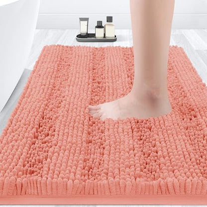 ACCUMTEK Striped Coral Bathroom Rug Mat 32"x20" Ultra Soft, Non Slip Chenille Bath Rugs, Absorbent Plush Shaggy Bath Mats for Bathroom, Bedroom, Kitchen, Shower, Tub