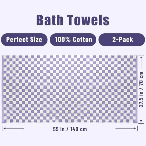 Shower Towels for Bathroom 27.5x55 Inches - Cute Checkered Towel Sets Lilac
