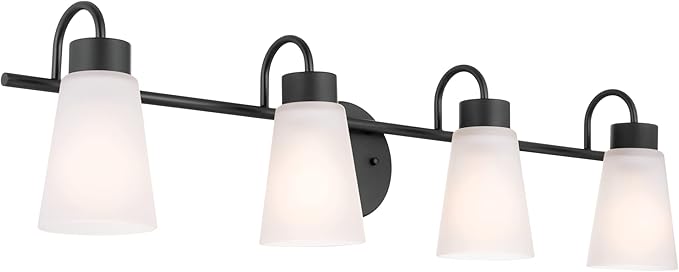 Kichler Erma 4-Light Bathroom Vanity Light Fixture with Clear Satin Etched Glass, Updated Traditional Wall Light in Black, (32.5" x 8.5")