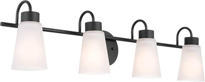Kichler Erma 4-Light Bathroom Vanity Light Fixture with Clear Satin Etched Glass, Updated Traditional Wall Light in Black, (32.5" x 8.5")