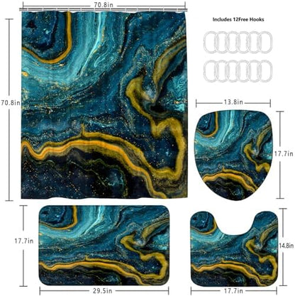 Nkzply 4 Pcs Teal Blue Marble Shower Curtain Set Turquoise Bathroom Sets with Shower Curtain and Rugs Gold Modern Abstract Bathroom Decor Accessories Bathroom Rugs Toilet Lid Cover with Hooks