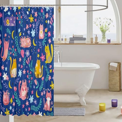 Feelyou Kids Funny Cats Shower Curtain Girls Cute Flower Cartoon Kitty Kitten Bathroom Waterproof Accessories with 12 Hooks 72x78 Inches Animal Theme Girly Kawaii Room Blue Decor