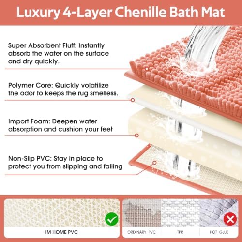 ACCUMTEK Striped Coral Bathroom Rug Mat Set 2 piece 32"x20"+60"x20" Ultra Soft, Non Slip Chenille Bath Rugs, Absorbent Plush Shaggy Bath Mats for Bathroom, Bedroom, Kitchen, Shower, Tub