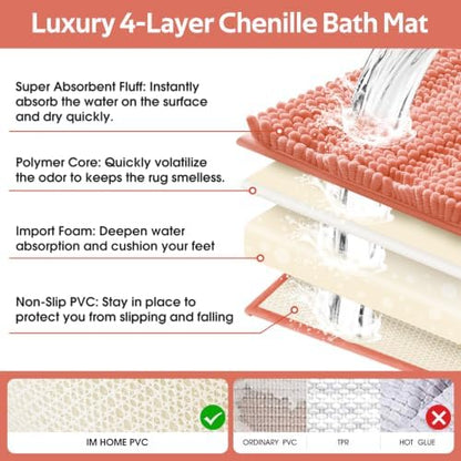 ACCUMTEK Striped Coral Bathroom Rug Mat Set 2 piece 32"x20"+24"x17" Ultra Soft, Non Slip Chenille Bath Rugs, Absorbent Plush Shaggy Bath Mats for Bathroom, Bedroom, Kitchen, Shower, Tub