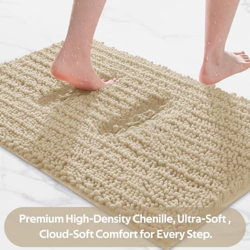 ACCUMTEK Upgrade Luxury 2 Piece Beige Toilet Bathroom Rug Mat 32"x20"+24"x17", Ultra Soft Thick Absorbent Bath Mats, Non Slip Chenille Toilet Mat for Bathroom, Bedroom, Kitchen, Shower, Tub
