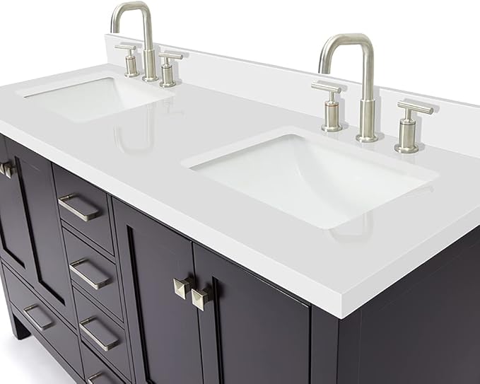 DKB Beckford 60" Espresso Double Bathroom Vanity with Sink, 1.5" Pure White Quartz Countertop, Center Rectangular Sinks, 4 Soft Closing Shaker Doors, 6 Dovetail Drawers