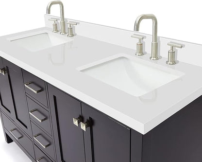 ARIEL Cambridge 60-inch Bathroom Vanity with Sink,Solid Wood, 1.5-inch Pure White Quartz Countertop, Double Rectangular Porcelain Sink, 4 Soft Closing Doors, 6 Dovetail Drawers, Espresso
