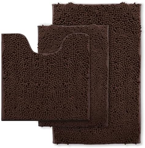 Bath Rug Set 3 Piece Luxury Chenille Extra Soft and Absorbent Shaggy Bathroom Mat Rugs, Machine Washable, Non-Slip Plush Carpet Runner for Tub, Shower, (Brown) Home Decor Bathroom Accessories