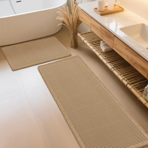 IM HOME Waffle Bath Mat Set 2 Piece Beige,Woven Modern Bath Rug Mats, Absorbent Non Slip Bath Floor Mat, Soft Washable Boho Bath Rugs with Tassels for Bathroom, Bedroom, Kitchen,Tub