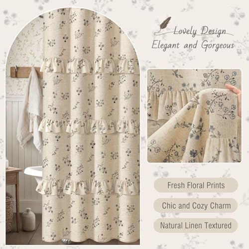 Black Floral Farmhouse French Country Ruffle Linen Shower Curtain 72Wx72H
