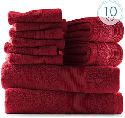 Hearth & Harbor Bath Towels for Bathroom - 100% Ring Spun Cotton Luxury Bathroom Towels - Ultra Soft & Highly Absorbent, Bath Towels Set of 10 - Burgundy Red