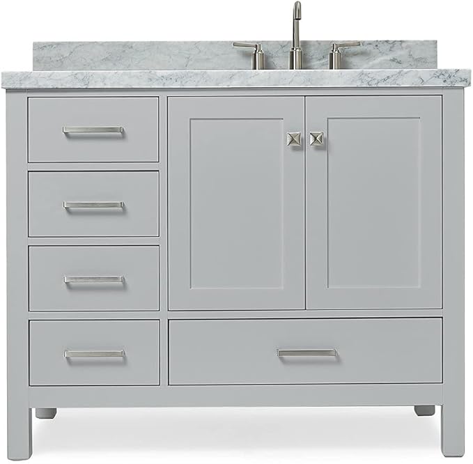 ARIEL Cambridge 42-inch Bathroom Vanity with Sink,Solid Wood, 1.5-inch Italian Carrara Marble Countertop, Single Rectangular Porcelain Sink, 2 Soft Closing Doors, 5 Dovetail Drawers, Grey