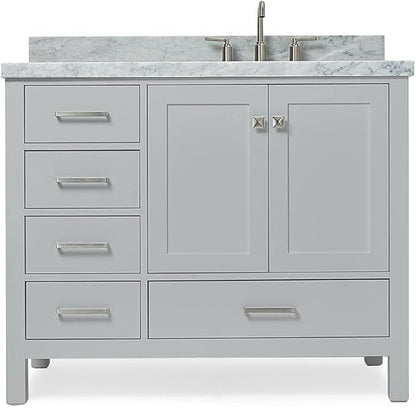 ARIEL Cambridge 42-inch Bathroom Vanity with Sink,Solid Wood, 1.5-inch Italian Carrara Marble Countertop, Single Rectangular Porcelain Sink, 2 Soft Closing Doors, 5 Dovetail Drawers, Grey