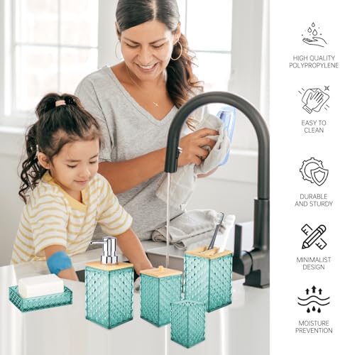 Bathroom Accessory Set, Grid Pattern 5 Pcs Plastic Bathroom Set, Teal