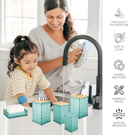 Bathroom Accessory Set, Grid Pattern 5 Pcs Plastic Bathroom Set, Teal