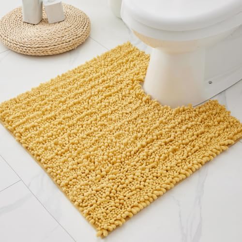 Disolla Toilet Rug 24x24 Inch - Yellow U-Shaped Bathroom Floor Mat, Soft Shaggy Plush Absorbent Chenille Contour Rug, Non-Slip Washable Pedestal Base Rug