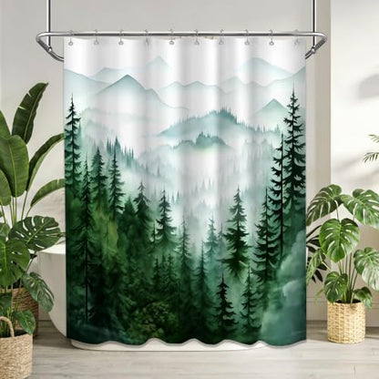 Dark Green and White Forest Shower Curtain, 60X72 in, Nature Pine Tree