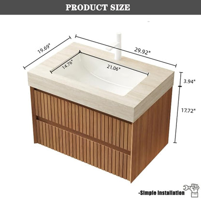 30" Bathroom Vanity with Sink, Modern Bathroom Floating Vanity with Travertine-Pattern Sintered Stone Top & Ceramic Undermount Basin, Pre-Assembled W/2 Drawers, Espresso