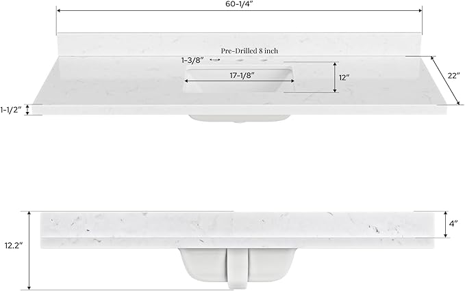 ARIEL 60 inch Bathroom Vanity top with Sink, 1.5 Inch Thick Miter Edge Carrara White Quartz top, Rectangle Single Porcelain Sink, Includes Backsplash