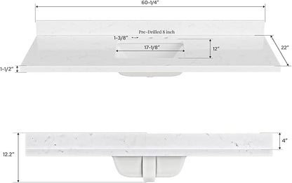 ARIEL 60 inch Bathroom Vanity top with Sink, 1.5 Inch Thick Miter Edge Carrara White Quartz top, Rectangle Single Porcelain Sink, Includes Backsplash