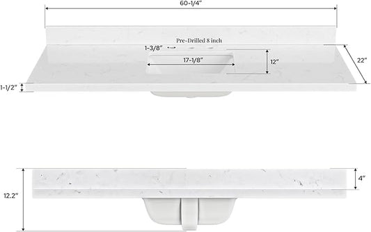 ARIEL 60 inch Bathroom Vanity top with Sink, 1.5 Inch Thick Miter Edge Carrara White Quartz top, Rectangle Single Porcelain Sink, Includes Backsplash