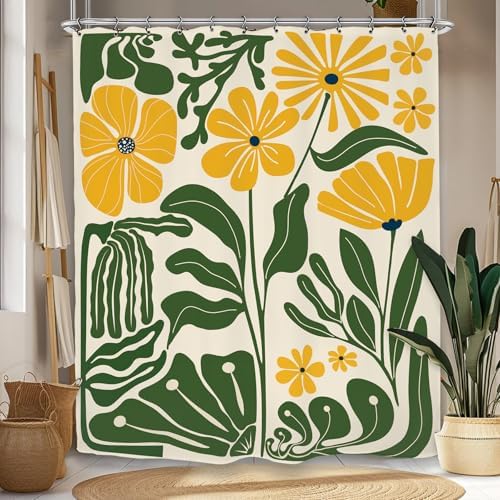 Yellow Green Matisse Flower Shower Curtain 60Wx72L Inch Abstract Retro Aesthetic Minimalist Vintage Art 70s Trendy Modern Bathroom Set Accessories Decor with 12 Pack Hooks