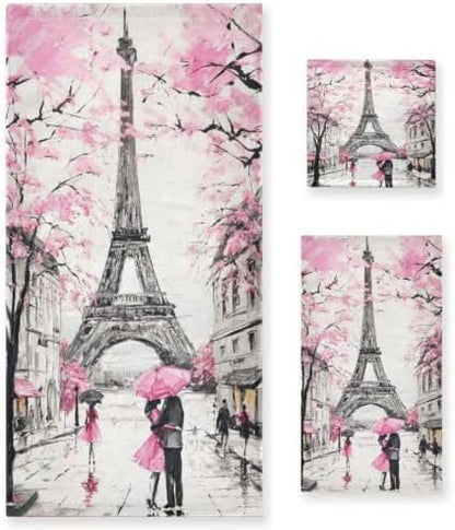 Naanle Stylish Romantic Street View of Paris Eiffel Tower Soft Luxury Decorative 3 Pieces Set Towels, 1 Bath Towel+1 Hand Towel+1 Washcloth, Multipurpose for Bathroom, Hotel, Gym, Spa and Beach