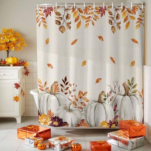 Shower Curtain Bathroom Set Thanksgiving Pumpkin Fall Orange Maple Leaf Watercolor Waterproof Shower Curtains with Grommets Hooks Vintage Linen Privacy Bath Curtain for Bathtub Decor 36x72in