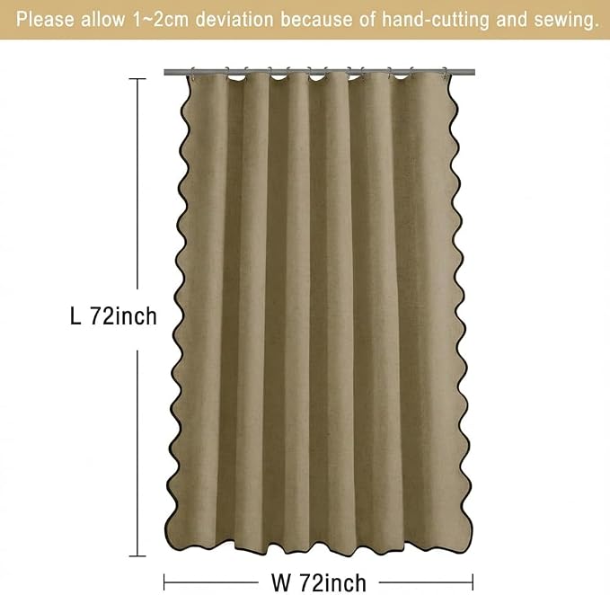 Scalloped Shower Curtain Linen Boho Khaki 72" W x 72" L | Linen Fabric, Black Border, Washable, Heavy Duty Cloth, Shower Curtain for Boho Farmhouse Bathroom Bathtub