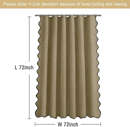 Scalloped Shower Curtain Linen Boho Khaki 72" W x 72" L | Linen Fabric, Black Border, Washable, Heavy Duty Cloth, Shower Curtain for Boho Farmhouse Bathroom Bathtub