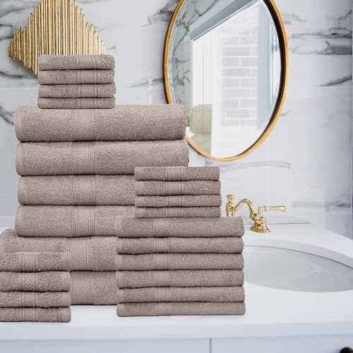 HILLFAIR 100% Cotton 24 PC Bulk Pack - Hotel Spa Bath Towels Set - Stone